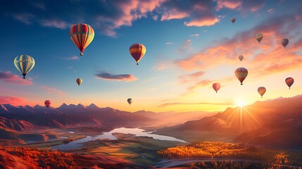 Naklejka premium Bright and colorful hot air balloons floating over a scenic landscape at sunrise