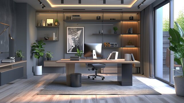 Modern home office in the living room, Convenient, comfortable, nice place to work, Remote work from home, Minimal interior decor design background. copy space for text.
