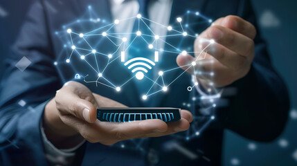 Handheld Wireless Technology and Digital ConnectivityBusinessman Showcasing Modern Wireless Network, internet signals, glowing lines and dots ensuring highly accurate conectivity