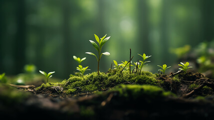 Green moss, rainforest. small plant growing out of a leafy green moss. Biodoversity concept