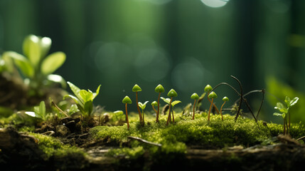 small plant growing out of leafy green mosss in rain forest. Biodoversity concept