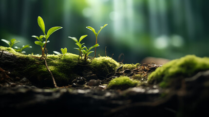 small plants growing out of a leafy green moss. Biodoversity concept
