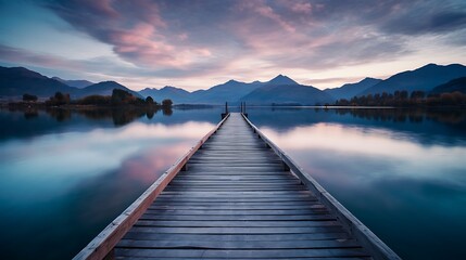 Fototapeta premium Rustic wooden pier extending into a tranquil lake at dusk, with mountains in the background