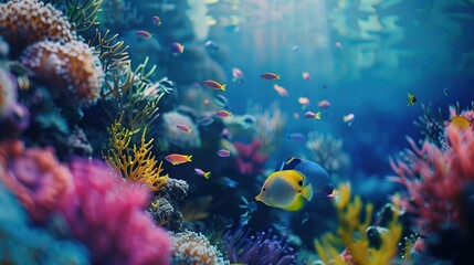 Fototapeta premium Underwater with colorful sea closeup life fishes and plant at seabed background, Colorful Coral reef landscape in the deep of ocean. Marine life concept.