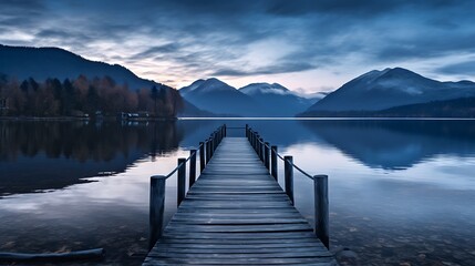 Rustic wooden pier extending into a tranquil lake at dusk, with mountains in the background