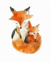 Obraz premium Fox with its child Watercolor Illustration