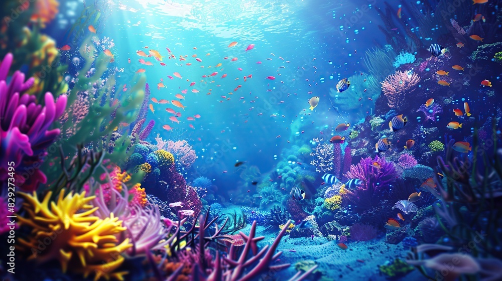 Wall mural underwater with colorful sea closeup life fishes and plant at seabed background, colorful coral reef - Wall murals