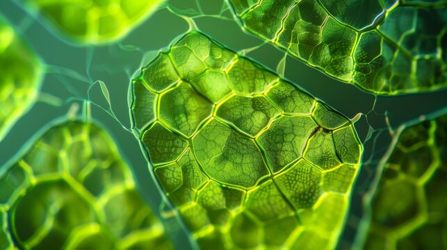 Microscope image of plant cells with cell walls and chloroplasts