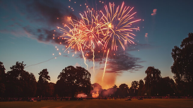 Fireworks exploding over a large park with trees and open fields, creating a festive atmosphere. People can be seen in the distance, enjoying the display with their families and friends.
