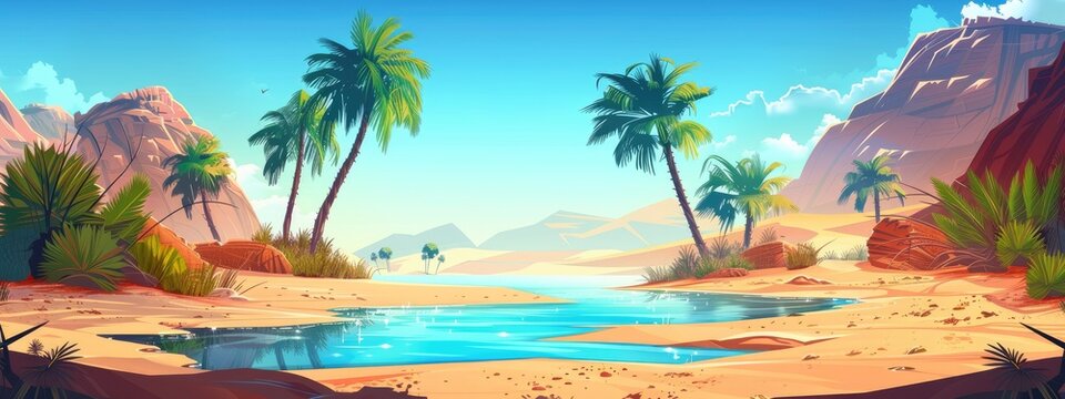 Fototapeta Landscape of a small oasis with pond and palm trees in the desert. Cartoon illustration.