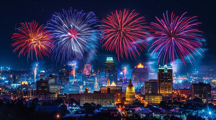 Fireworks exploding over a city skyline at night, with colorful bursts lighting up the buildings below. The continuous display of fireworks creates a festive and celebratory atmosphere.
