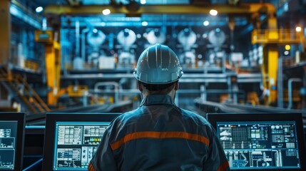 Industrial Concept: Industrial overseer controlling mine operations from a high - tech control room