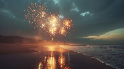 Fireworks bursting over a sandy beach, with waves gently rolling in and out in the background. The serene setting combined with the excitement of the fireworks creates a beautiful contrast.
