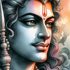 Watercolor Painting of Lord Rama's Noble Visage
