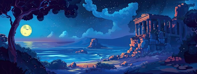 Obraz premium The night landscape of the coast of a Greek island with a beautiful ancient Greek temple. Cartoon illustration.