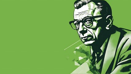 French philosopher and playwright Jean-Paul Sartre illustration in green background with empty space for writing quote or text