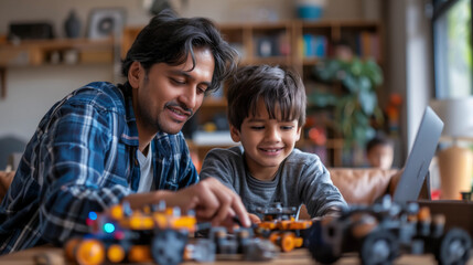 Father and son bonding while building robots together at home, sharing a joyful moment