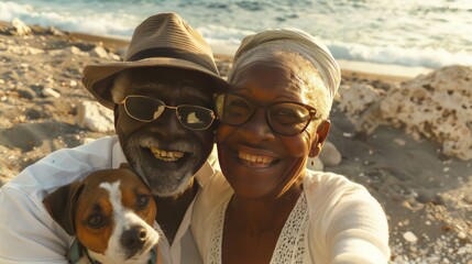 authentic portrait of black elderly couple resting on beach with dog, bold intense positive emotions, African-American senior people laughs and taking selfie, grained photo in 90s style, AI generated