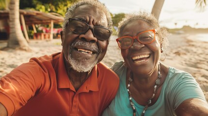 Obraz premium authentic portrait of black elderly couple resting on beach with dog, bold intense positive emotions, African-American senior people laughs and taking selfie, grained photo in 90s style, AI generated