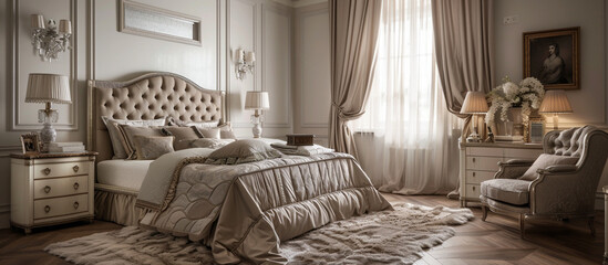 Elegant bedroom with classic furniture, luxurious bedding, and a neutral color palette. 32k, full...