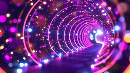 Obraz premium A vibrantneon tunnel with concentric circles and dotted lights creates a 3D effect.