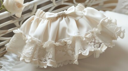 Baby bloomers with a lace trim and bow at the back