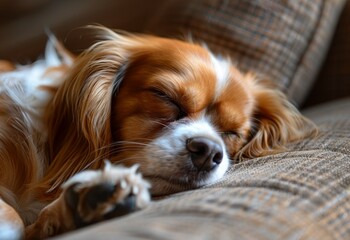 Small red dog asleep on sofa up close
