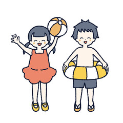 ビーチボールを持つ女の子と浮き輪を持つ男の子のイラスト