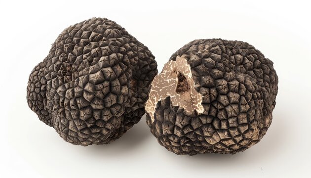 Raw black truffles on white background