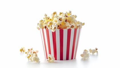 Red and white striped cardboard bucket with popcorn isolated on white with a clipping path