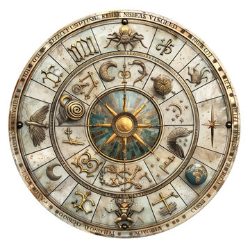 Intricate zodiac wheel featuring astrological symbols and signs, perfect for horoscope, astrology, and cosmic-themed designs.