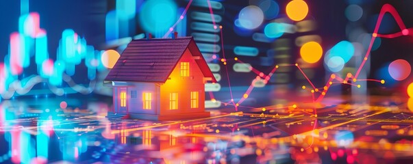 Futuristic digital illustration of real estate market trends, showcasing a miniature house and colorful data visualizations.