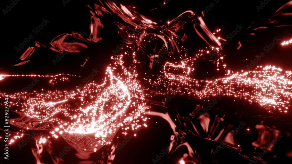 Poster abstract background with moving flickering particles. design. red bended tubes with duat glowing par