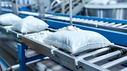 a factory conveyor belt with a large white bag on it filled with flour