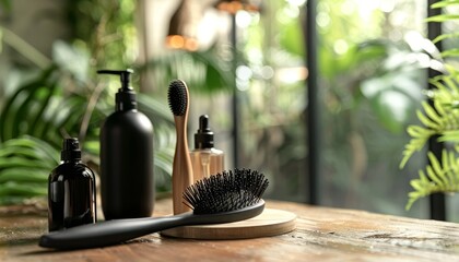 Room with hairbrush and cosmetic bottles on table