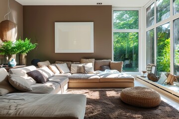 Room with large window big picture on wall