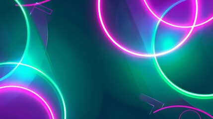 A vibrant abstract background features neon lights and glowing curves in pink and blue hues against a dark backdrop