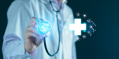 Medical AI technology, doctor use AI for diagnosis, care, health and increasing accuracy patient...