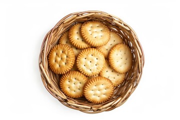 Round crackers or cookies in a basket viewed from above on a white background