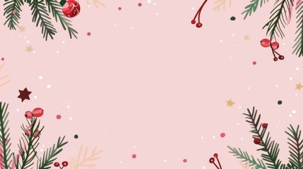 A holiday-themed template  pink background with pine branches, red berries, and gold stars.