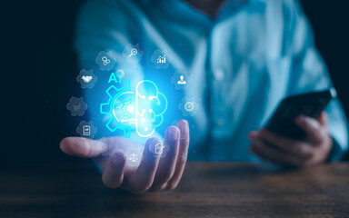 AI chat bot technology concept, business man using technology smart robot AI Intelligence, command prompt generates something. Business futuristic technology transformation. Chat bot with AI