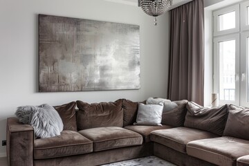 Silver painting in elegant living room with brown sofa
