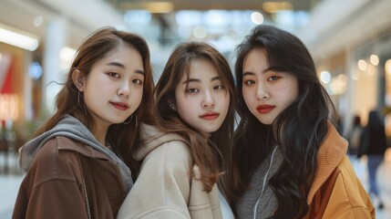 Obraz premium Three friend young Asian woman smiling at outdoor shopping mall.
