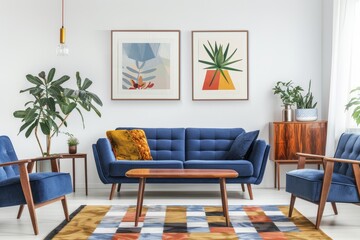 Simple posters displayed on bright living room wall with blue sofa two armchairs plants wooden coffee table on colorful carpet