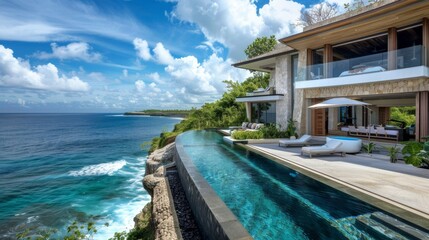 Fototapeta premium A luxury oceanfront villa with a private beach cove and infinity pool