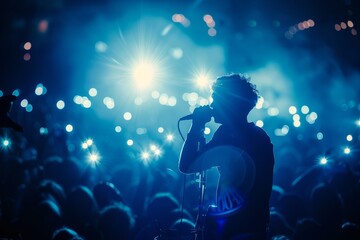 Obraz premium Singer on stage with bright lights packed dance floor audience holding up phones Blue silhouette of band among crowd with phone lights
