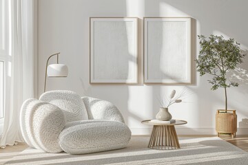 Sleek living room design with white armchair frames table lamp and decor Template for personal accessories