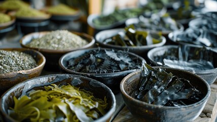 Showcase of fresh kelp, dried kelp, and kelp powder, highlighting the different ways it can be used in cooking
