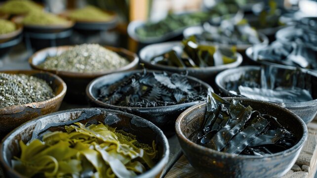 Showcase of fresh kelp, dried kelp, and kelp powder, highlighting the different ways it can be used in cooking