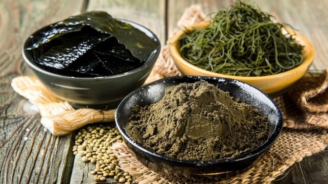 Showcase of fresh kelp, dried kelp, and kelp powder, highlighting the different ways it can be used in cooking